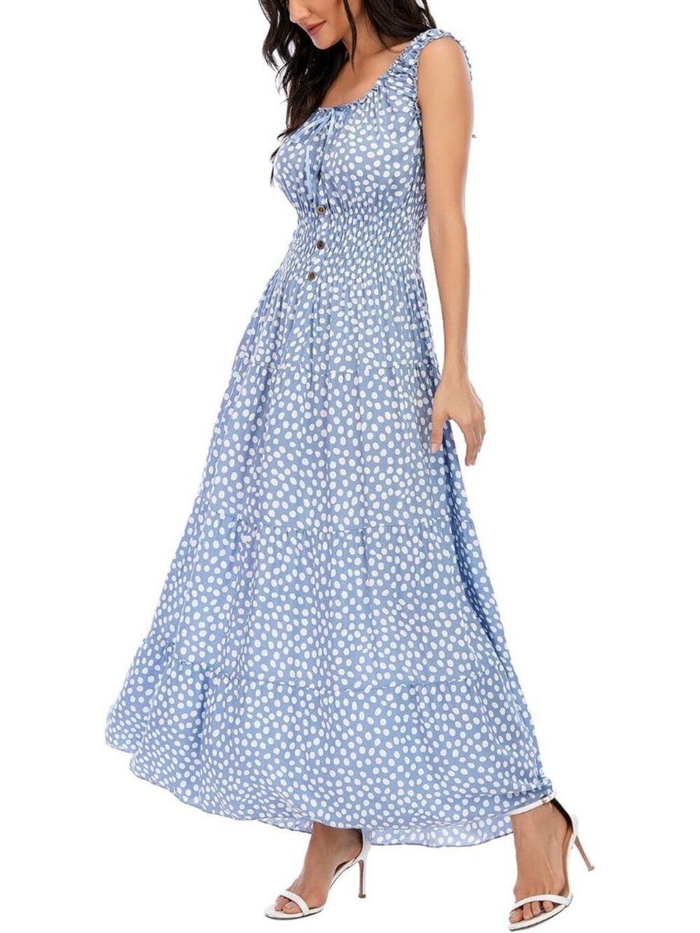 Women's Blue Pull On Floral Print Tiered Casual Flowy Long Maxi Dresss